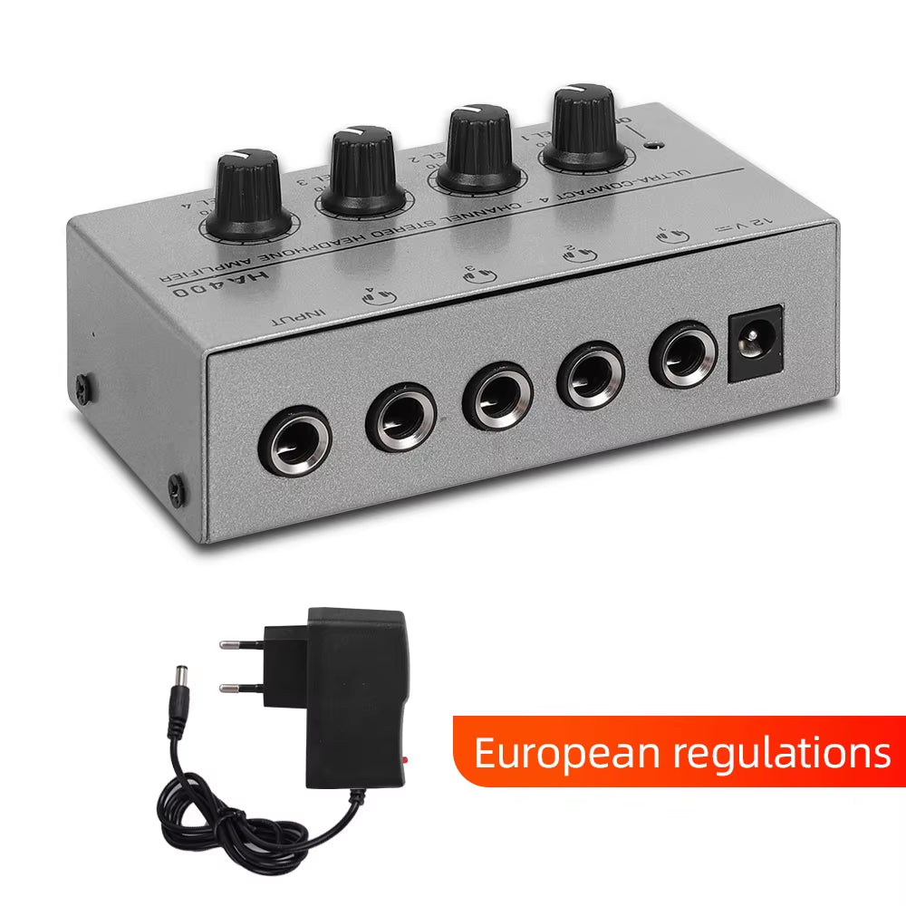 HA400 Mini Amplifier Headphone Amplifier 4 Channels Ultra-Compact Stereo Audio Amplifier Earphone Amplifier with Power Adapter