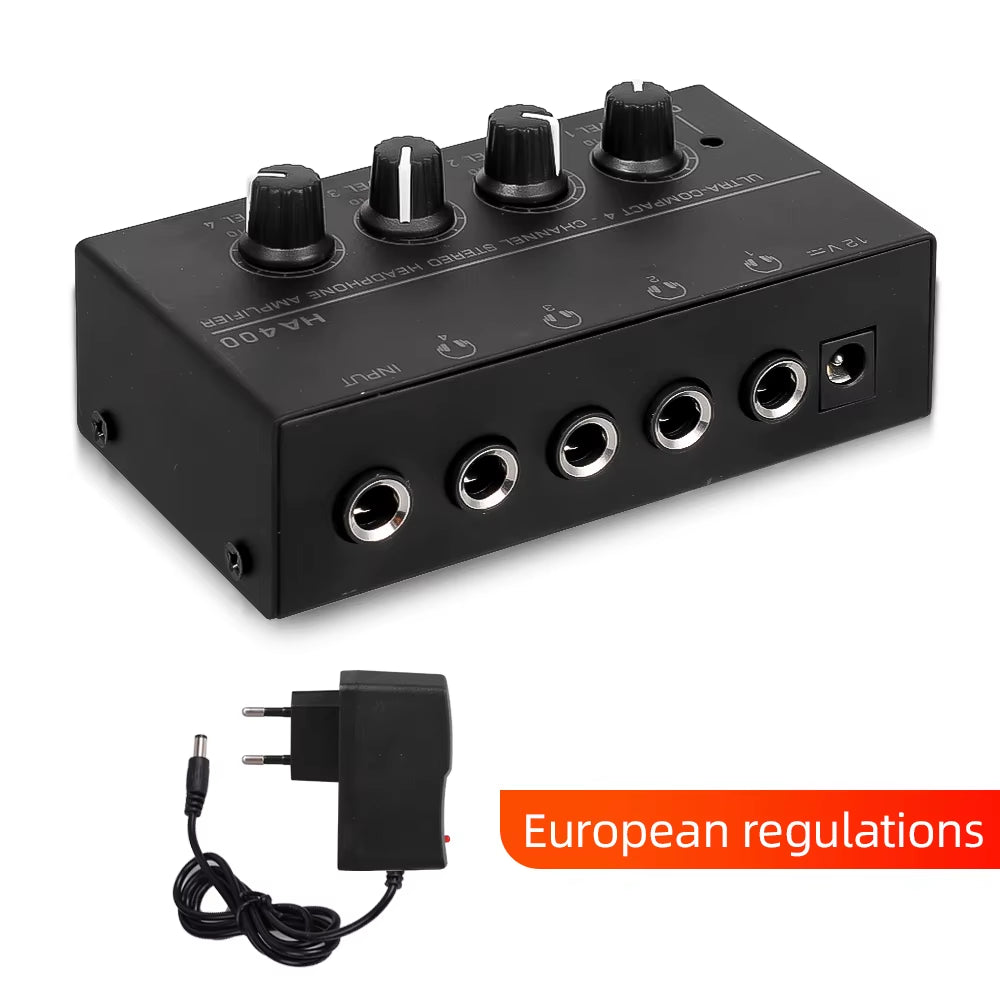 HA400 Mini Amplifier Headphone Amplifier 4 Channels Ultra-Compact Stereo Audio Amplifier Earphone Amplifier with Power Adapter