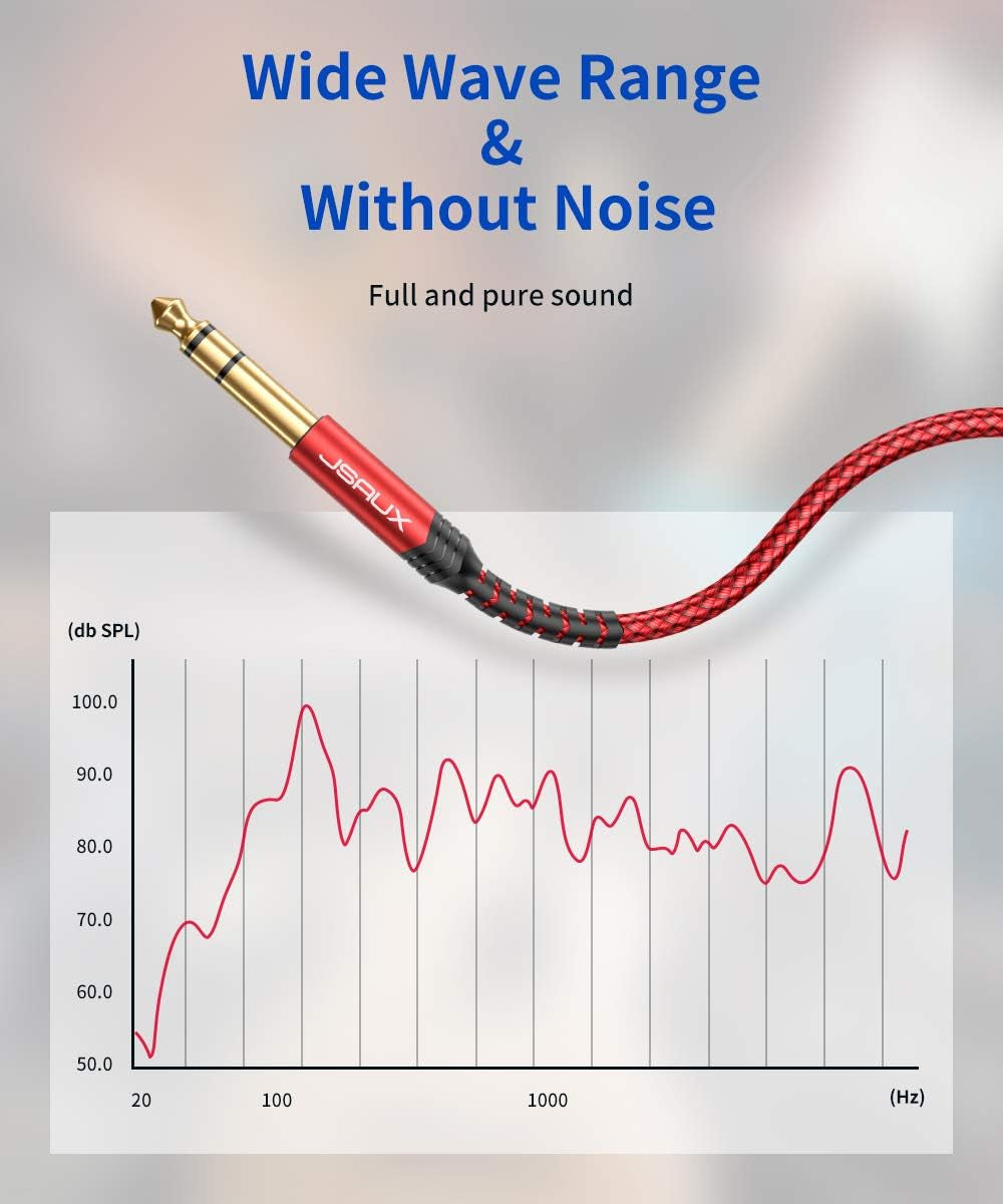 1/4 Inch Cable Guitar Cable 10FT, Instrument Cable 6.35Mm (1/4) TRS to 6.35Mm (1/4) TRS Stereo Audio Cable Male to Male Straight-To-Straight for Electric Guitar, Bass, Mandolin - Red 3M