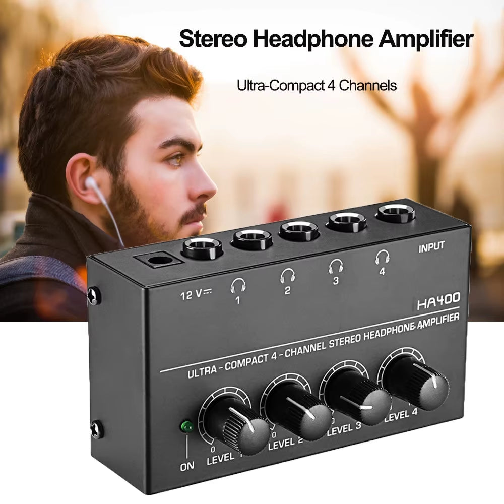 HA400 Mini Amplifier Headphone Amplifier 4 Channels Ultra-Compact Stereo Audio Amplifier Earphone Amplifier with Power Adapter