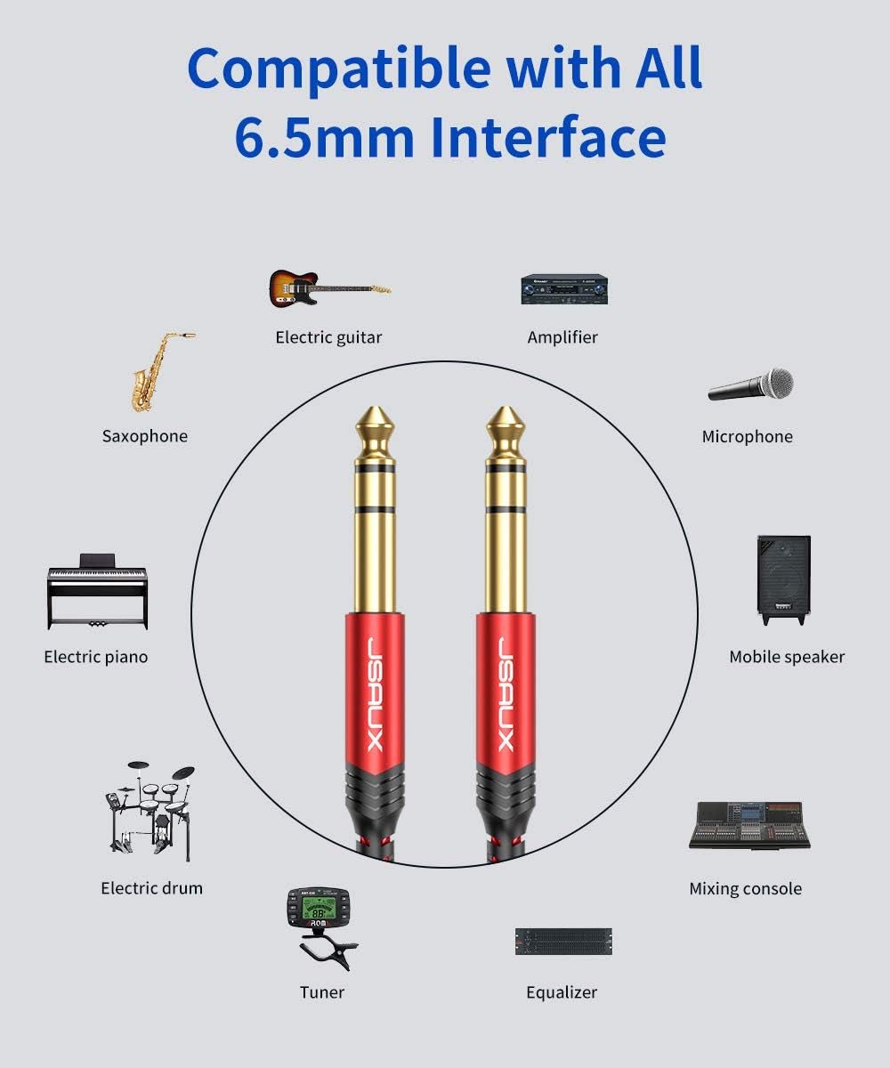 1/4 Inch Cable Guitar Cable 10FT, Instrument Cable 6.35Mm (1/4) TRS to 6.35Mm (1/4) TRS Stereo Audio Cable Male to Male Straight-To-Straight for Electric Guitar, Bass, Mandolin - Red 3M
