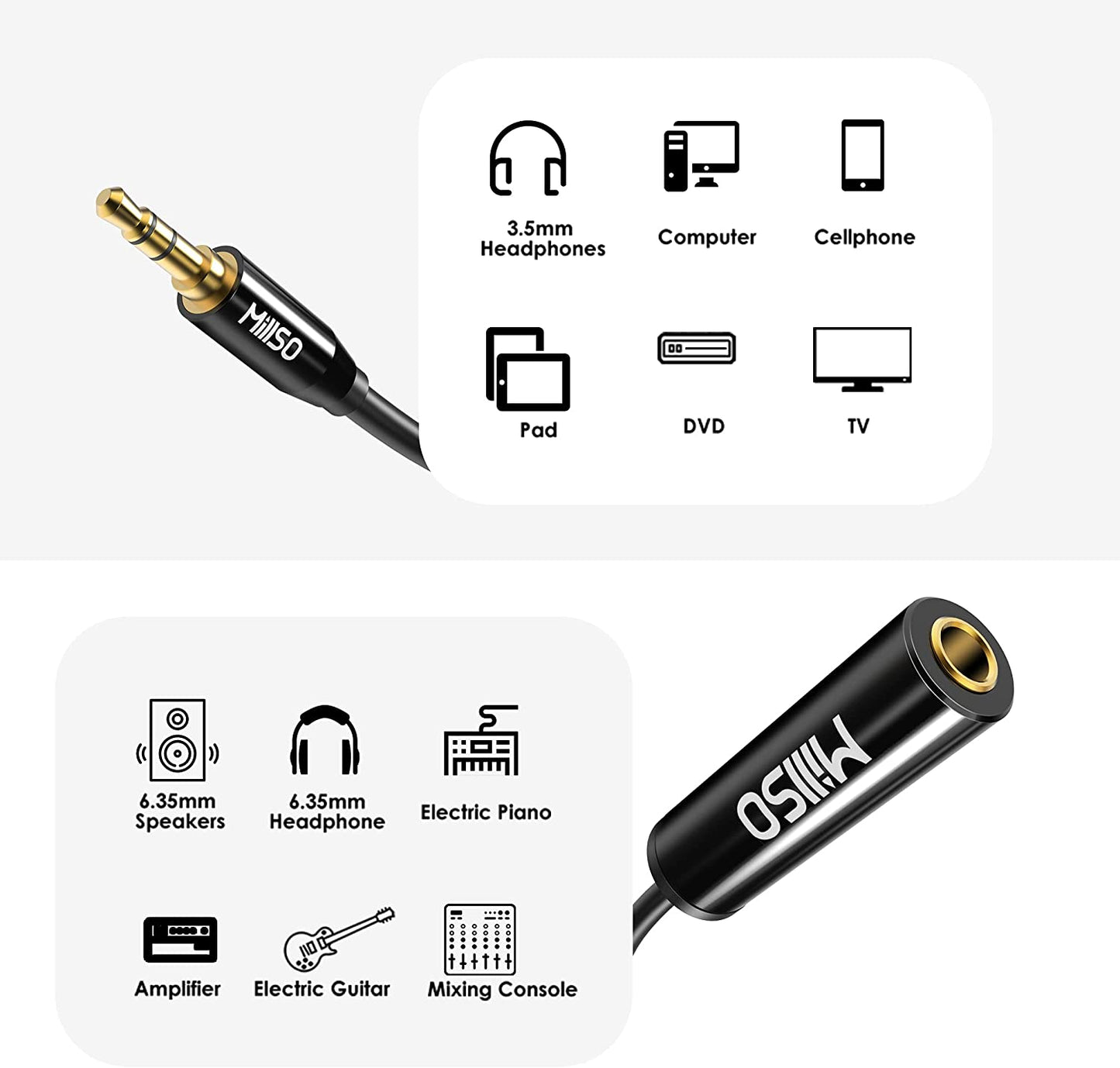 1/4 to 3.5Mm Instrument Cable, TRS Headphone Adapter 6.35Mm Female to 3.5Mm Male 1/8 to 1/4 Stereo Audio Adapter for Amplifier, Guitar, Piano, Speaker to Phone, Laptop, Headphone - 12Inch/30Cm