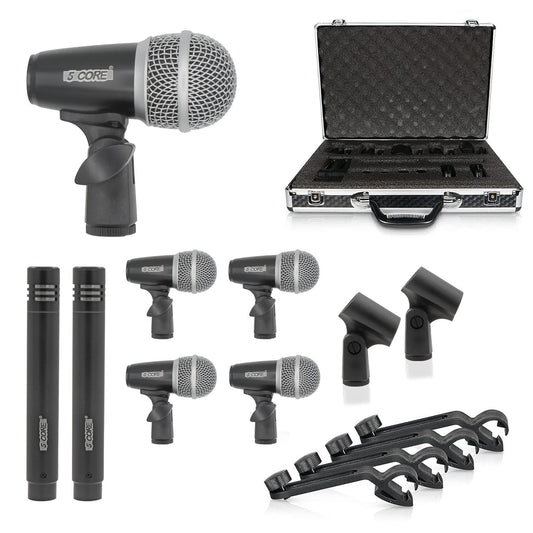 5Core Professional Drum Microphone Kit - 7-Piece Dynamic Microphone Set for Kick, Bass, Tom, and Snare - Black