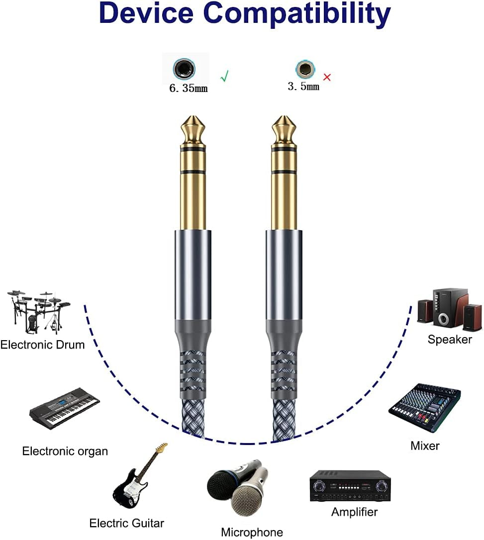1/4 Inch TRS Instrument Guitar Cable 10Ft 2Pack,Straight 6.35Mm Guitar Bass AMP Cord,Quarter Inch 6.3Mm Male Jack Stereo Audio Balanced Line for Electric Guitar,Bass,Keyboard,Amplifier,Speaker