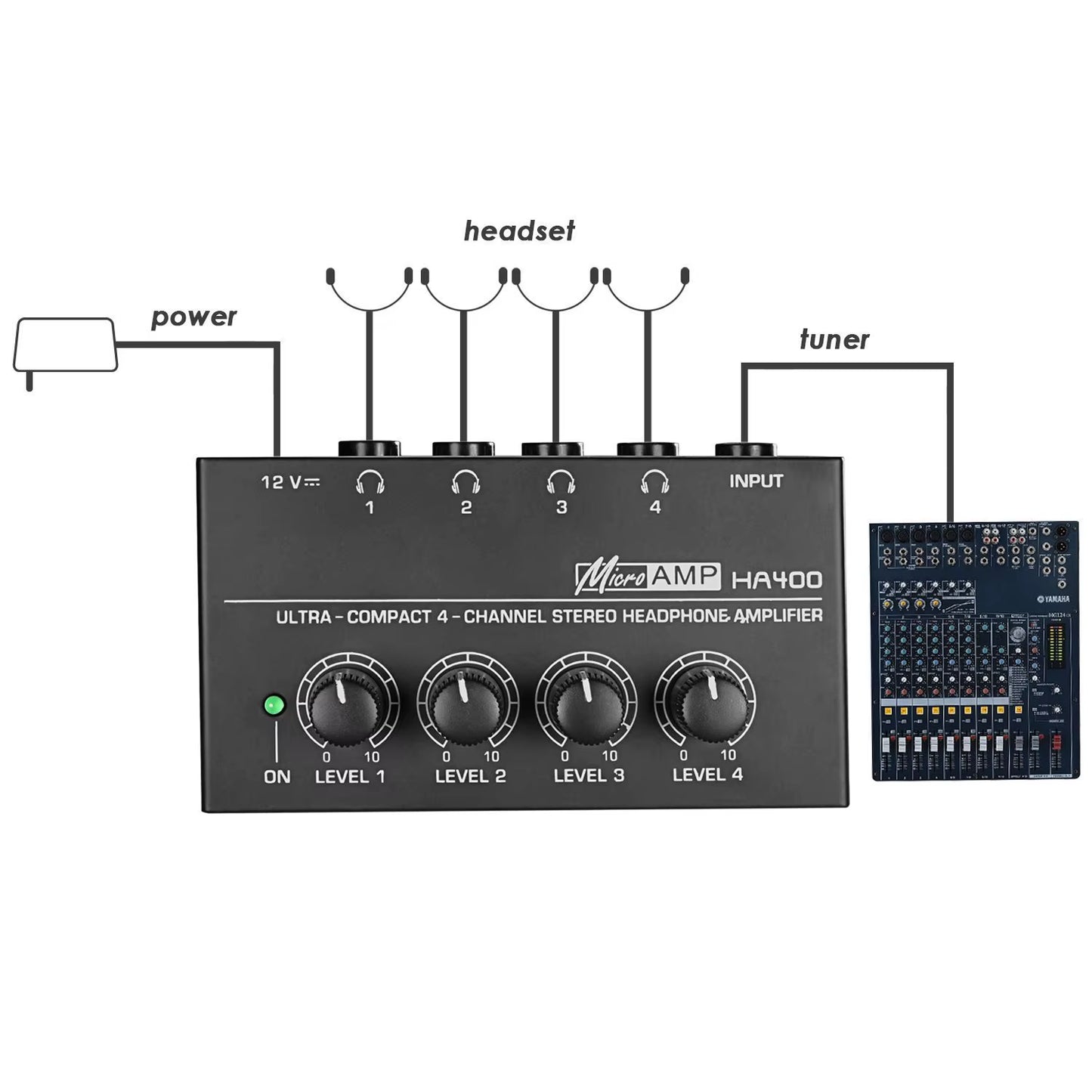 HA400 Mini Amplifier Headphone Amplifier 4 Channels Ultra-Compact Stereo Audio Amplifier Earphone Amplifier with Power Adapter
