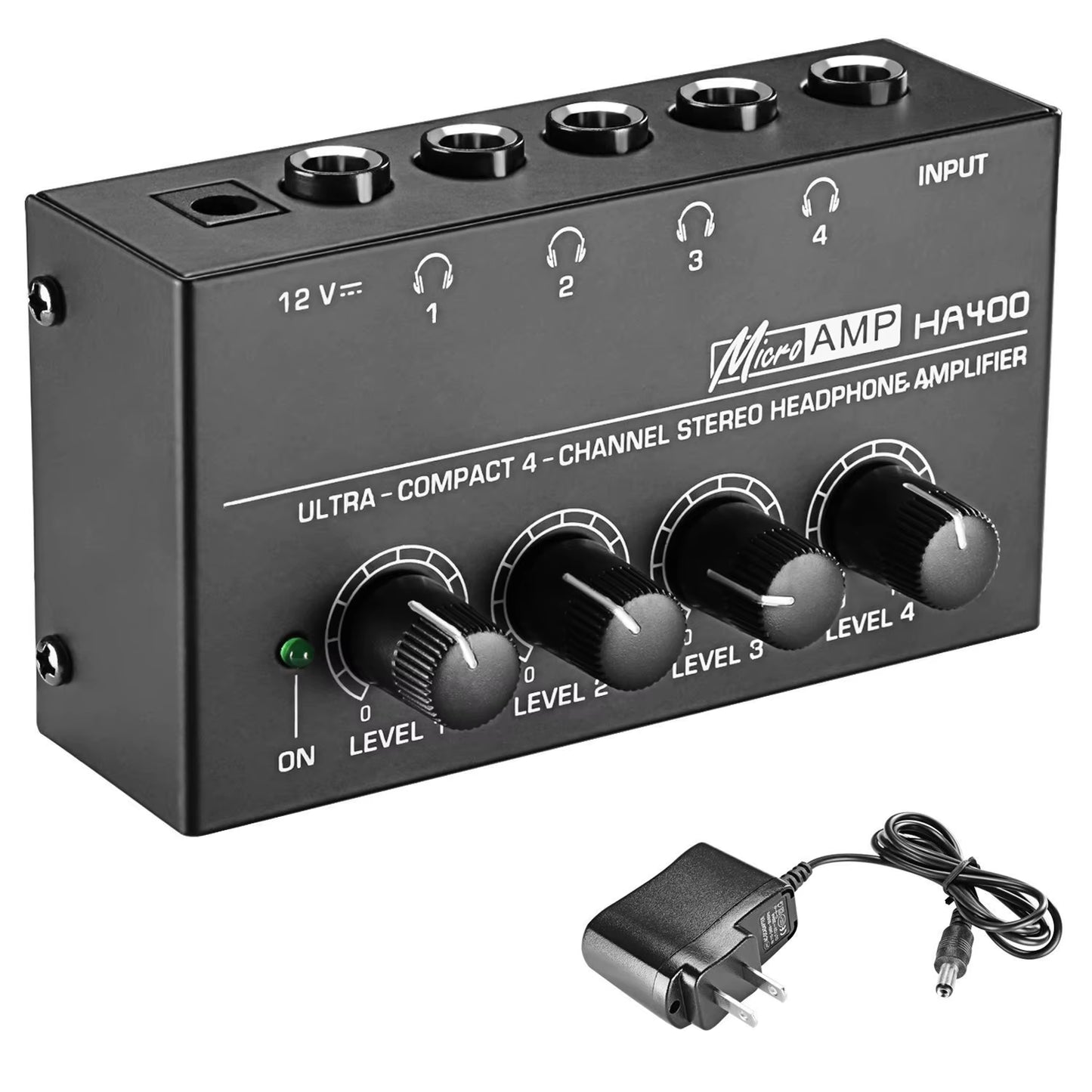 HA400 Mini Amplifier Headphone Amplifier 4 Channels Ultra-Compact Stereo Audio Amplifier Earphone Amplifier with Power Adapter