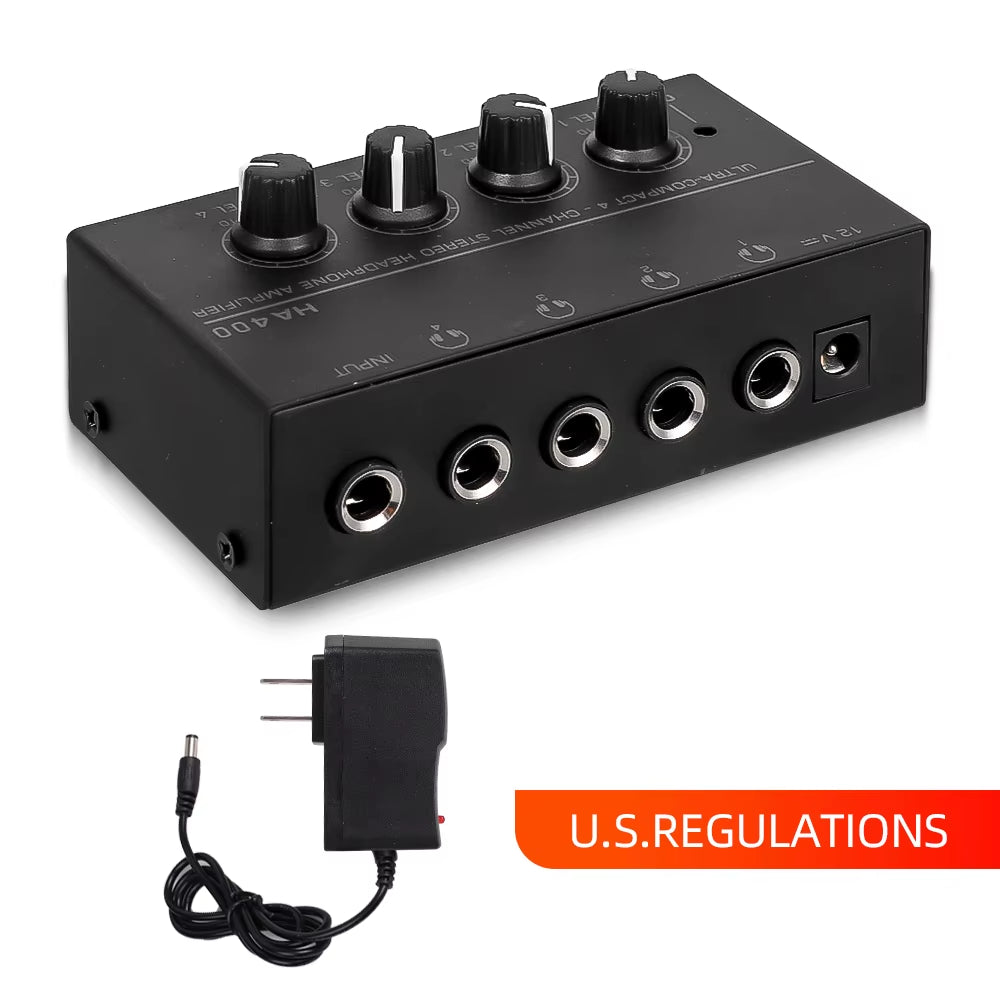 HA400 Mini Amplifier Headphone Amplifier 4 Channels Ultra-Compact Stereo Audio Amplifier Earphone Amplifier with Power Adapter