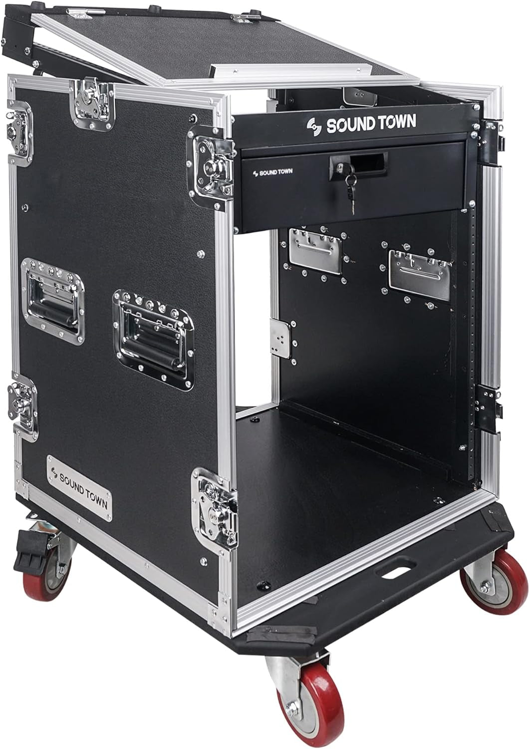 Heavy-Duty 1/2" (12Mm) Plywood 14U PA DJ Pro Audio Rack/Road ATA Case with 11U Slant Mixer Top, Locking Drawer, 20’’ Rackable Depth and Casters (STMR-14D3)