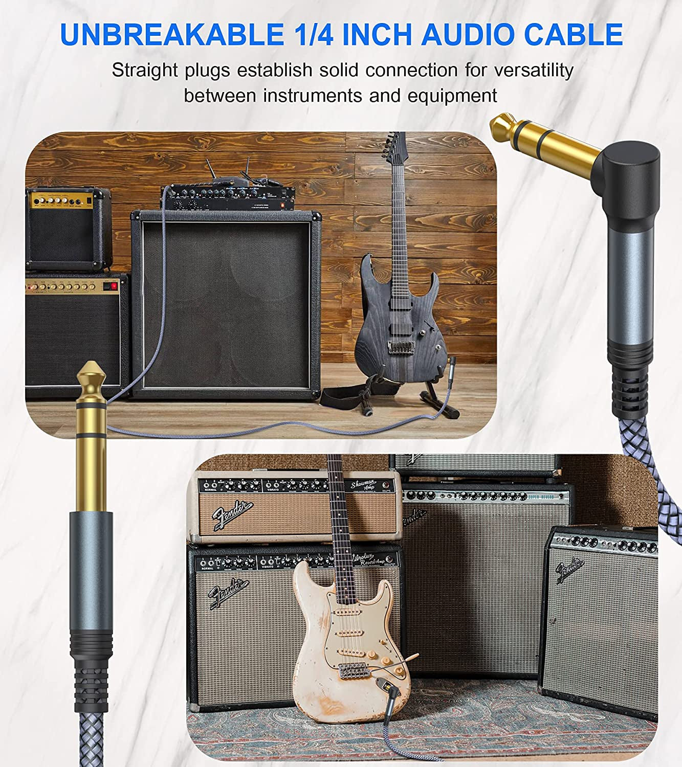 Guitar Cable [15Ft,2-Pack], Instrument Cable 6.35Mm to 6.35Mm Stereo Audio AMP 1/4 TRS Nylon Braided Cord for Electric Guitar, Bass,Mandolin,Keyboard and Pro Audio, Right Angle-To-Straight