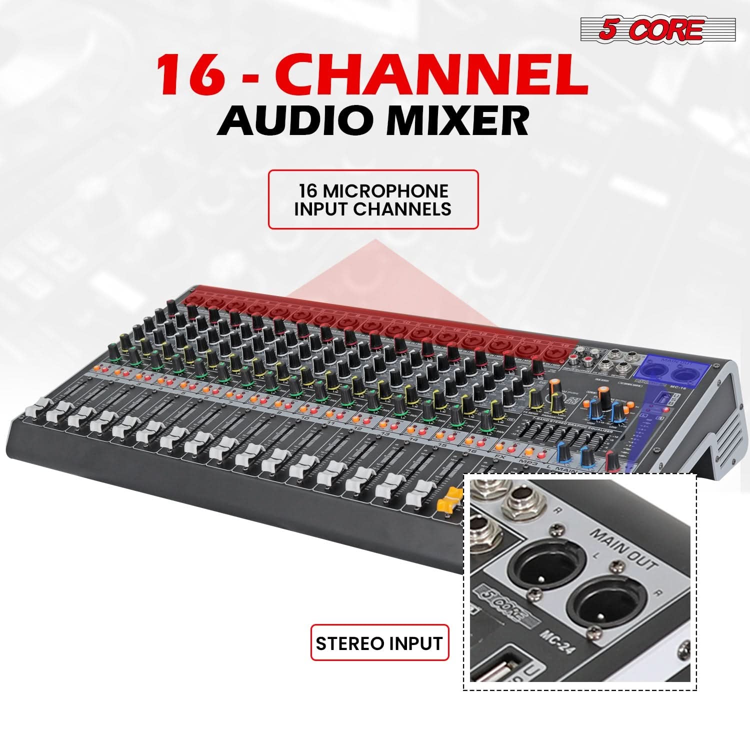 5Core 16-Channel Professional Audio Mixer with Bluetooth and USB Connectivity