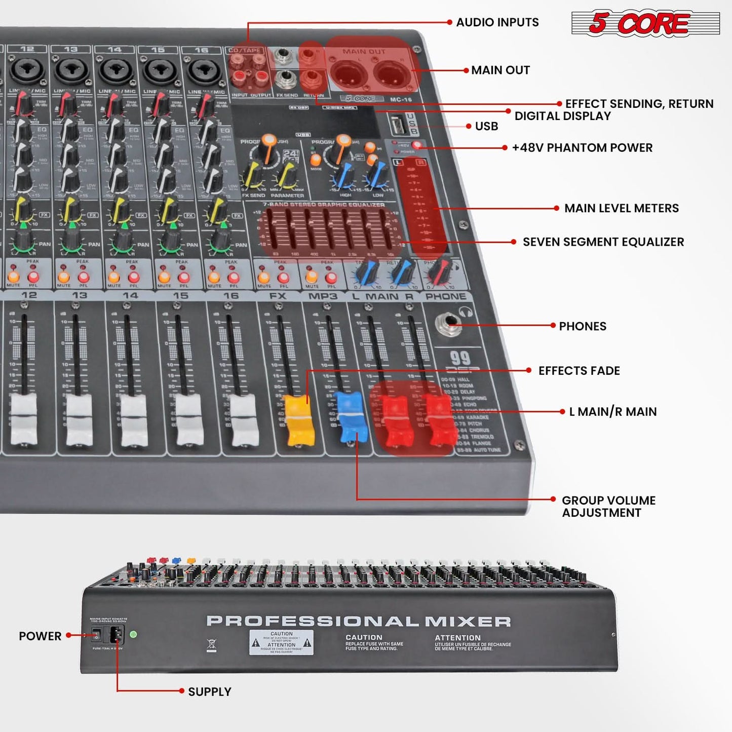 5Core 16-Channel Professional Audio Mixer with Bluetooth and USB Connectivity