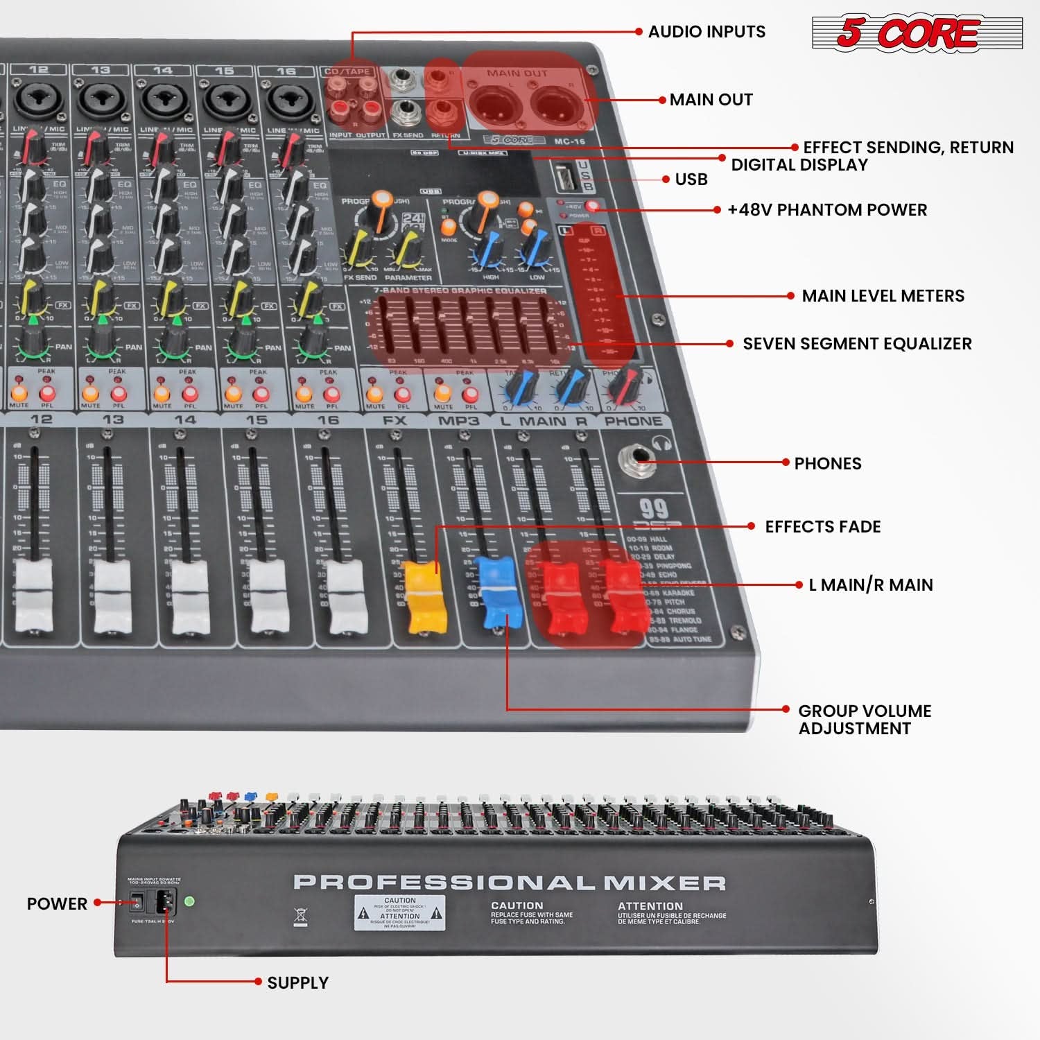 5Core 16-Channel Professional Audio Mixer with Bluetooth and USB Connectivity
