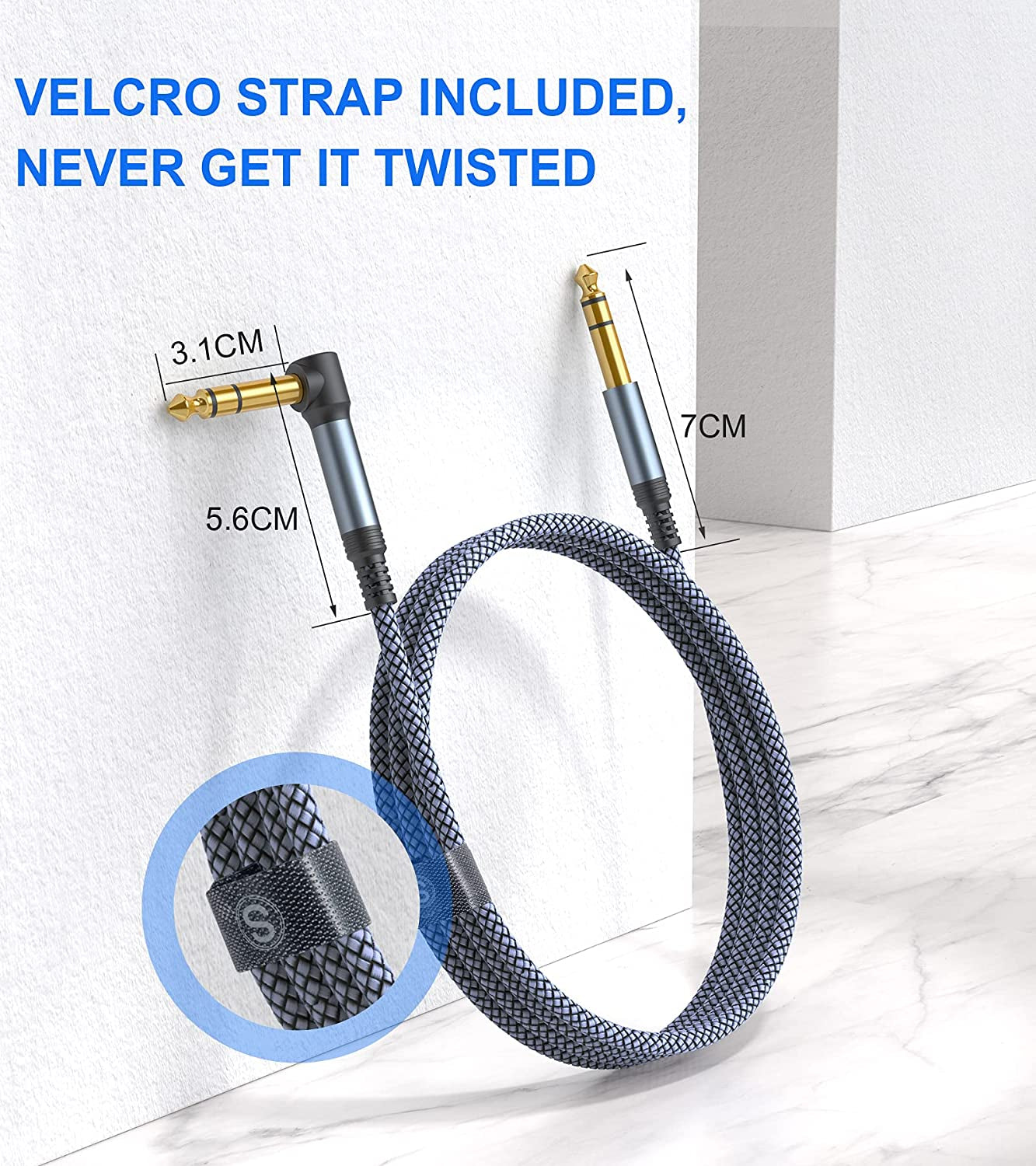 Guitar Cable [15Ft,2-Pack], Instrument Cable 6.35Mm to 6.35Mm Stereo Audio AMP 1/4 TRS Nylon Braided Cord for Electric Guitar, Bass,Mandolin,Keyboard and Pro Audio, Right Angle-To-Straight