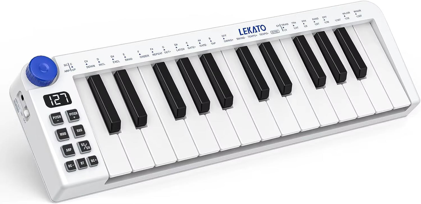 LEKATO Mini MIDI Keyboard 25 Key MIDI Controller Bluetooth MIDI Keyboard Mini Keys 360 Knob Small MIDI Keyboard
