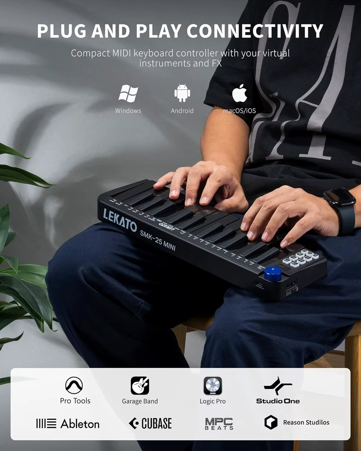 LEKATO Mini MIDI Keyboard 25 Key MIDI Controller Bluetooth MIDI Keyboard Mini Keys 360 Knob Small MIDI Keyboard