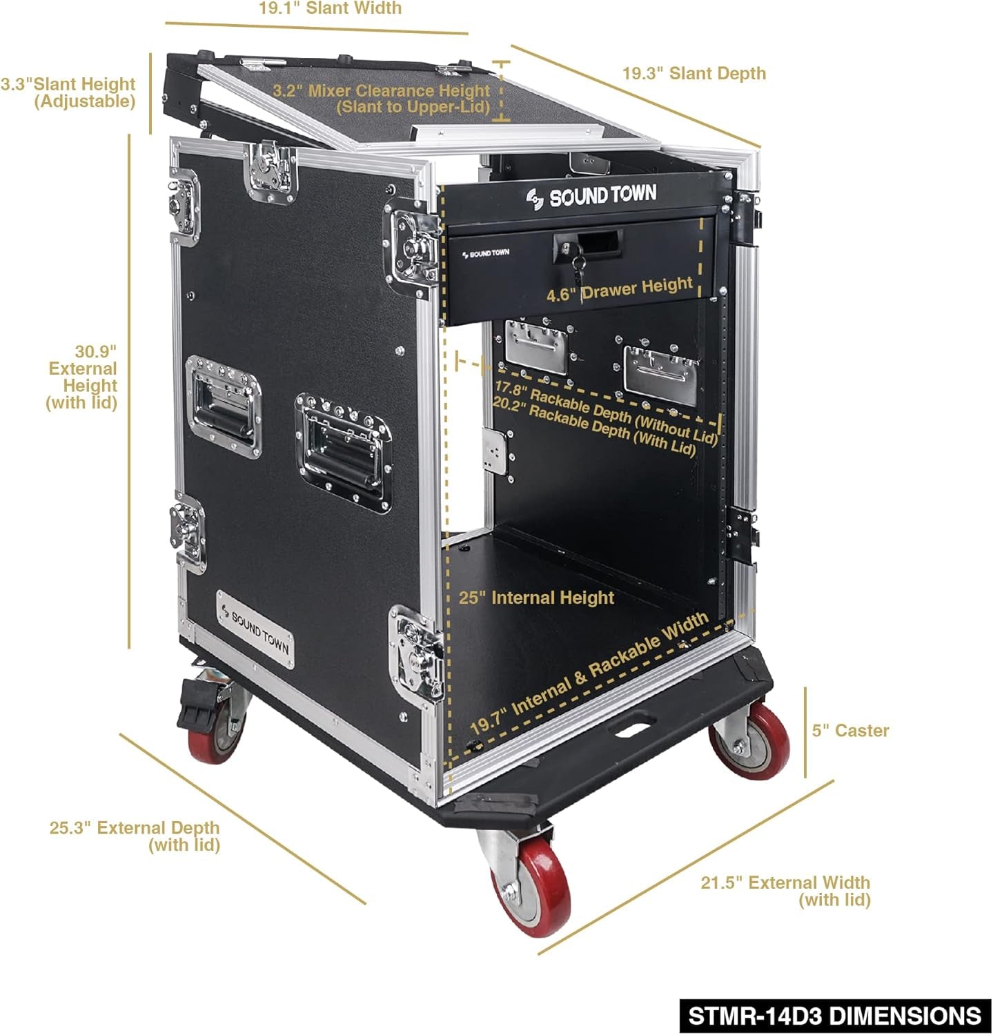 Heavy-Duty 1/2" (12Mm) Plywood 14U PA DJ Pro Audio Rack/Road ATA Case with 11U Slant Mixer Top, Locking Drawer, 20’’ Rackable Depth and Casters (STMR-14D3)