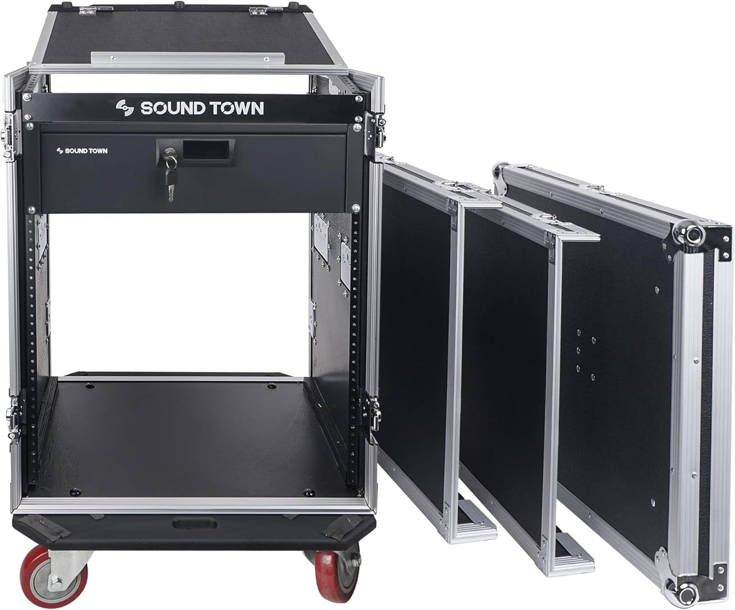 Heavy-Duty 1/2" (12Mm) Plywood 14U PA DJ Pro Audio Rack/Road ATA Case with 11U Slant Mixer Top, Locking Drawer, 20’’ Rackable Depth and Casters (STMR-14D3)