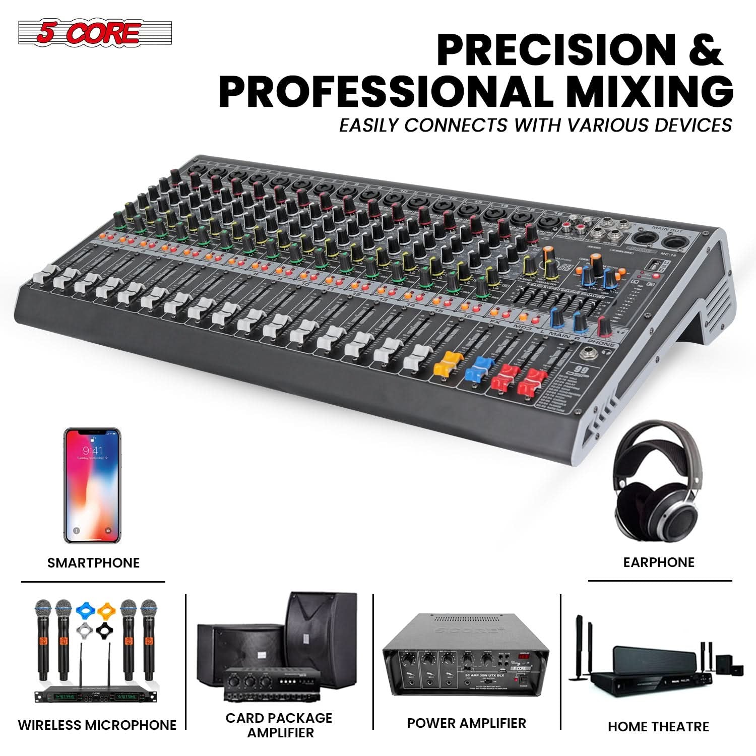5Core 16-Channel Professional Audio Mixer with Bluetooth and USB Connectivity